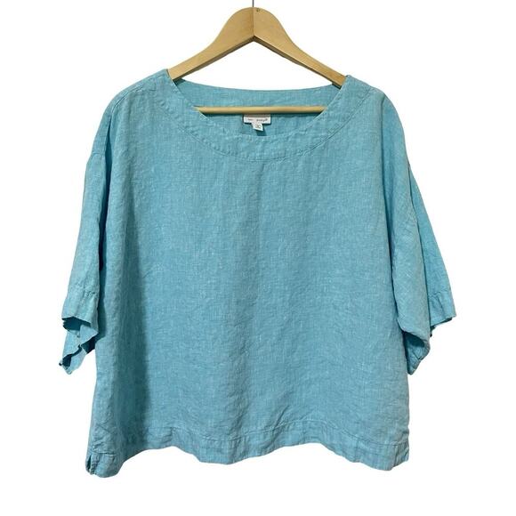 J. Jill Women's 100% Linen Boxy Flowy Top Size MP Aqua Blue Coastal Nautical - Picture 1 of 6
